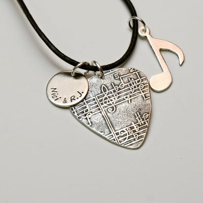 Sterling Silver Guitar Pick Necklace with Music Note and Personalized Disc Charm image 5