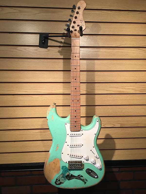 Indiana Indy S-Style Relic Electric Guitar Surf Green with Pinup Sticker image 1