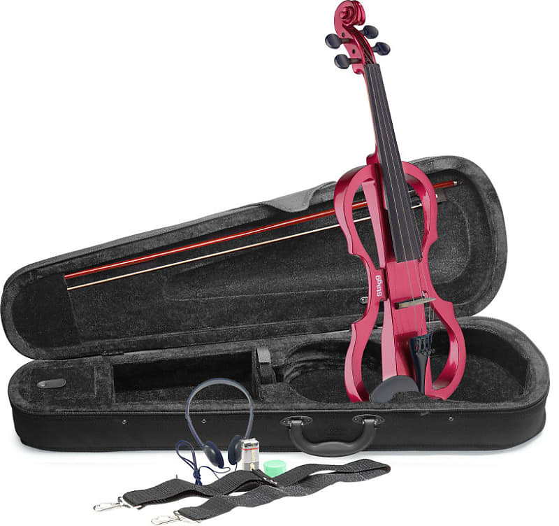 STAGG 4/4 electric violin set with metallic red electric violin, soft case and headphones image 1