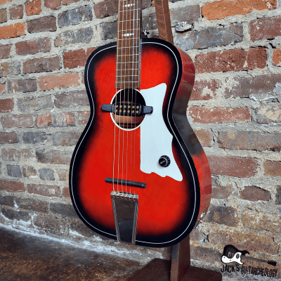 Astro Parlor Guitar w/ Goldfoil Pickup, Rubber Bridge & Gig Bag (1960s, Redburst) image 3