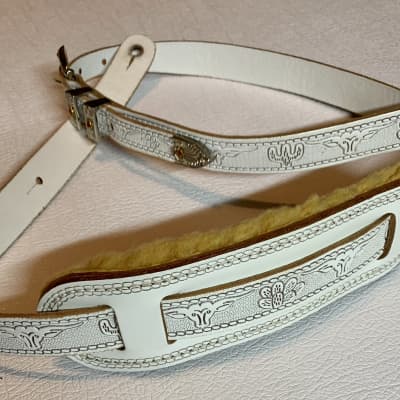 1" Gretsch Tooled Custom Padded Leather Guitar Strap White Jeweled ~50-55" image 1