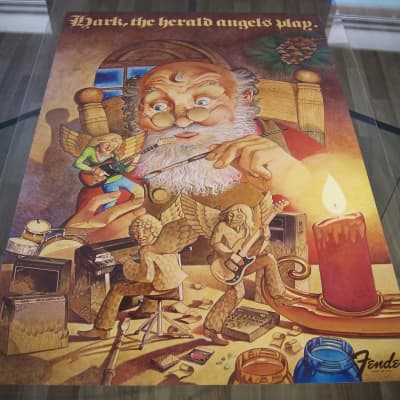 Fender Telecaster, Precision Bass, Rhodes & Twin Reverb Authentic Vintage Poster Christmas Campaign "Hark the Herald Angels Play" Artist Endicott Circa-1970's-Multi Color image 3