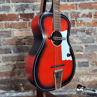 Astro Parlor Guitar w/ Goldfoil Pickup, Rubber Bridge & Gig Bag (1960s, Redburst) image 7