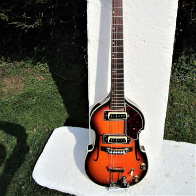 Conrad Violin Shape Guitar, 1960's,  Sunburst, Hang Tags, Scroll Headstock, Original Case image 2