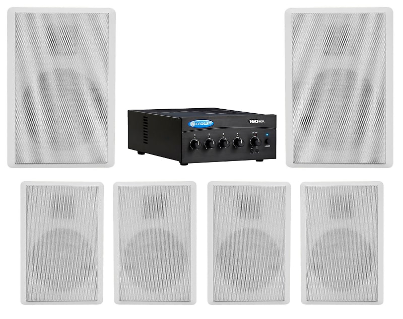 Crown Commercial Amplifier+(6) Slim White Wall Speakers for Restaurant/Bar/Cafe  			