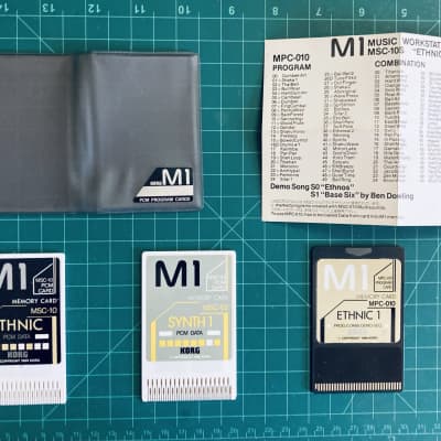 3 Korg M1 DATA CARDS: ETHNIC, SYNTH 1 and ETHNIC 1; MSC-10 PCM, MSC-02 PCM, and MPC-010, dates: 1988-1989