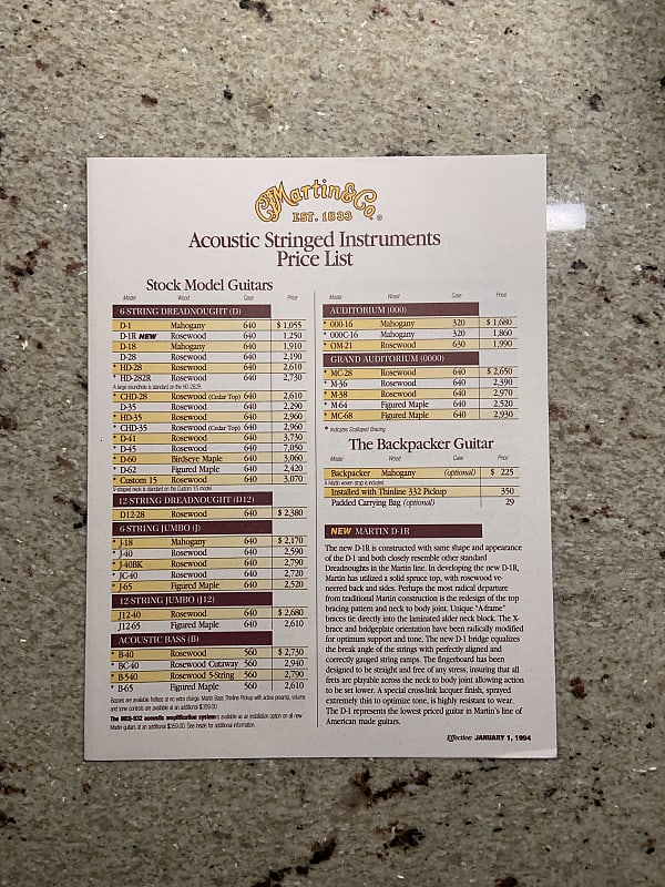Vintage 1994 Martin Acoustic Stringed Instruments Price List! Reverb