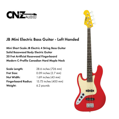 CNZ Audio JB Mini Left Handed Electric Bass Guitar - Maple Neck, Ivory Pickguard, Fiesta Red image 4