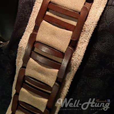 Well-Hung No Prisoners "MonsterMan" 3.5" wide padded leather guitar strap Sand Suede, with walnut image 5