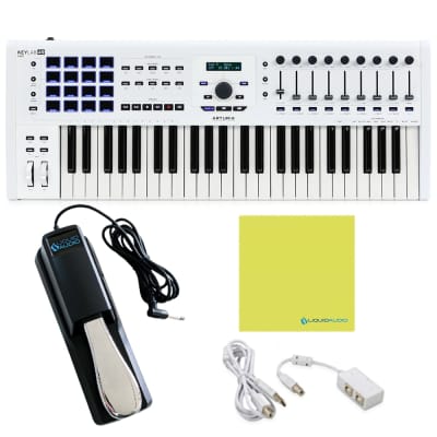 Arturia KeyLab 49 MkII White Semi Weighted MIDI Keyboard Controller Bundle w/ Deluxe Sustain Pedal, USB Cable & Liquid Audio Polishing Cloth (4 Items)