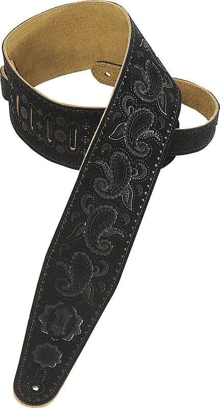 Levy's 3" Suede Leather Guitar Strap Tooled w/ A Paisley Pattern And Suede Backing. Adjustable From 37" To 51". Black Color image 1