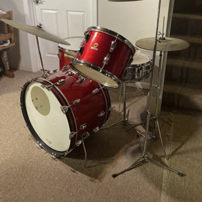 Ludwig No. 980 Super Classic Outfit 9x13 / 16x16 / 14x22" Drum Set with Keystone Badges 1967 - Red Sparkle W/ matching Supra-Phonic 400 5x14” snare W/ all original hardware in boxes image 2