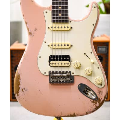 Luxxtone Choppa S Heavy Aging HSS-Shell Pink w/Aged White Pickguard & Roasted Flame Maple Neck for sale