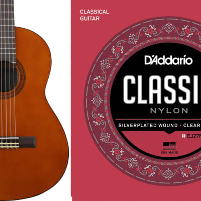 Yamaha CGS102AII 1 2 Scale Classical Natural Bundle with D Addario EJ27N Student Silver Plated Nylon Core Classical Guitar Strings Normal Tension