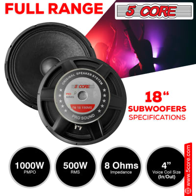 5 Core 18 Inch Subwoofer Speaker 1Pc 1000W PMPO Raw Full Range Speaker 500W RMS 18" Replacement 8 Ohm Pro Audio DJ Sub Woofer w/ 4” CCAW Voice Coil Steel Frame 97 Oz Magnet - FR 18 190 MS image 4