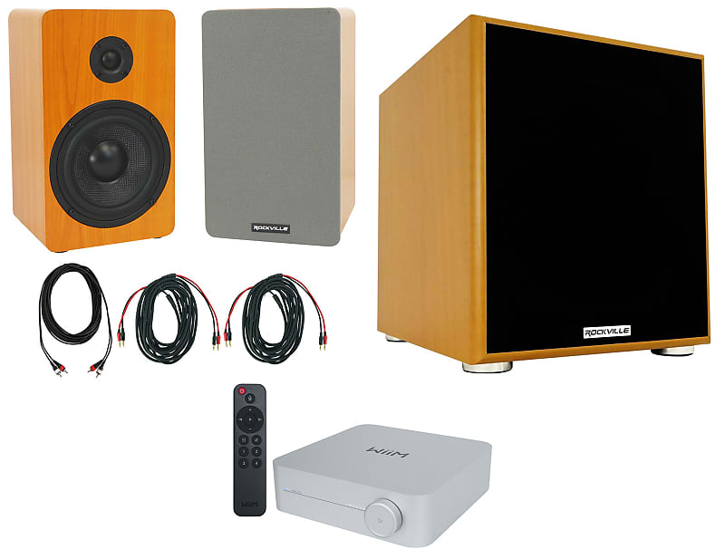 (2) Rockville RockShelf 58C 5.25&quot; Wood Bookshelf Speakers+Bluetooth/Wifi Amp+Sub  			