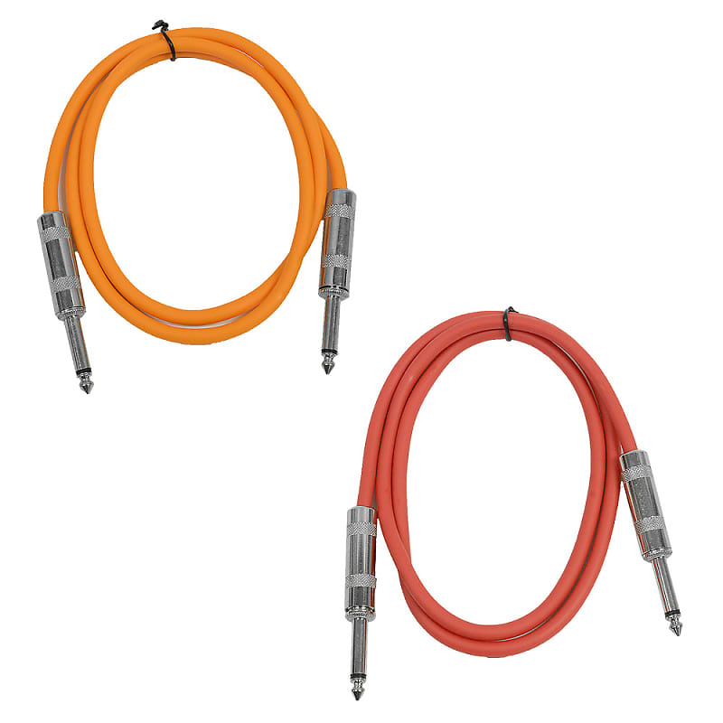 2 Pack of 2 Foot 1/4" TS Patch Cables 2' Extension Cords Jumper - Orange & Red image 1