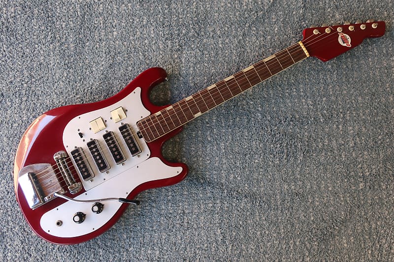 Vintage 1960s Teisco Kimberly Wine Red Maroon Bizarre Funky Strat Style Guitar Very Clean 4 PUs Pick Ups Lots Of Chrome Weird