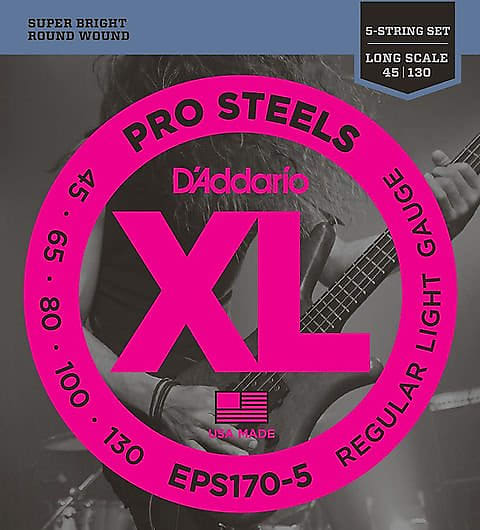 D'Addario EPS170-5 5-String ProSteels Bass Guitar Strings Light, 45-130  Long Sca...