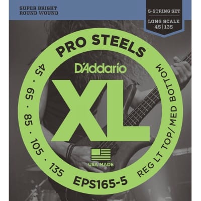 D'Addario EPS165-5 ProSteels 5-String Custom Light Long Scale Electric Bass Strings (45-135) image 1