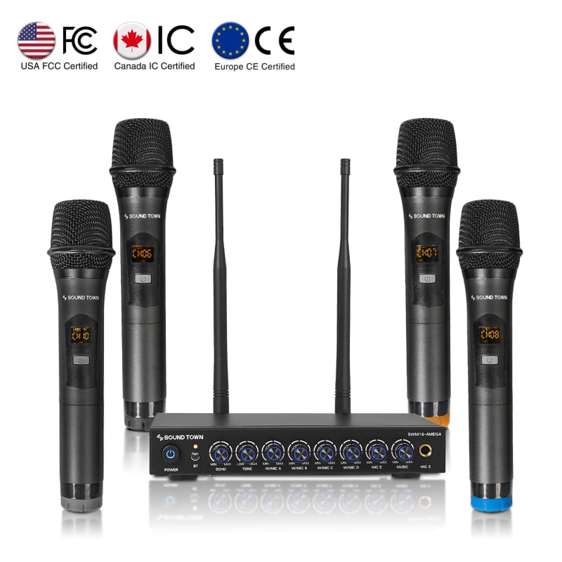 SWM15-PRO, WIRELESS MICROPHONE KARAOKE MIXER SYSTEM W/ HD ARC, OPTICAL,  AUX, BLUETOOTH, SELECTABLE FREQUENCIES - SUPPORTS SMART TV, SOUND BAR,  MEDIA BOX, RECEIVER