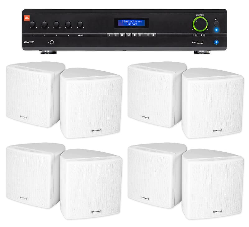 JBL Commercial Amplifier+(8) 3.5&quot; White Cube Speakers for Restaurant/Bar/Cafe  			