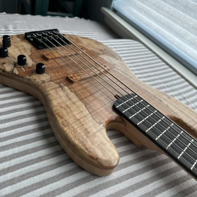MG Bass MGBASS JB1 SPALTED MAPLE 5-string bass, Made in USA, SPALTED MAPLE top, ASH body, 3-piece MAPLE neck, EBONY fretboard, BARTOLINI pickups and preamp, Italia Leather Straps 4” wide Acorn Amber strap, GATOR hardshell case image 6
