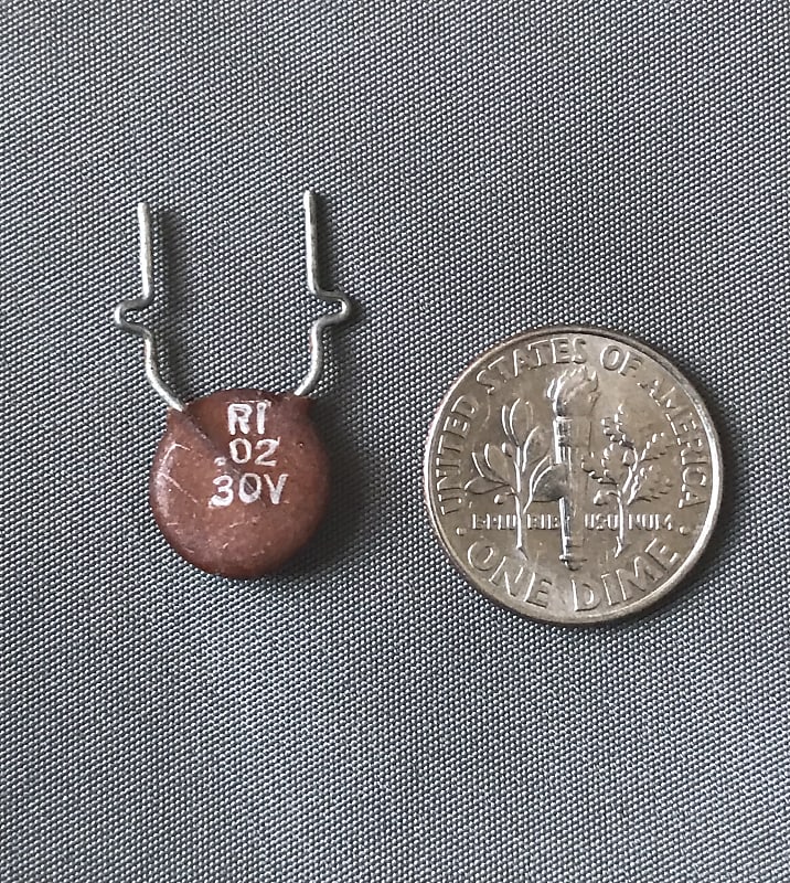 RI .02 uF 30V ceramic disc tone capacitor 1960s NOS woman tone, measures at .014 uF image 1