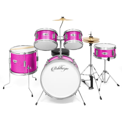 5-Piece Complete Junior Drum Set With Genuine Brass Cymbals - Advanced Beginner Kit With 16" Bass, Adjustable Throne, Cymbals, Hi-Hats, Pedals & Drumsticks - Pink image 2