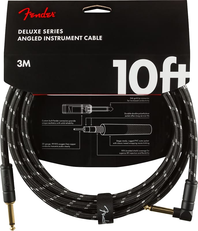 Fender®   Deluxe Series Instrument Cable, Straight/Angle, 10', Black Tweed image 1