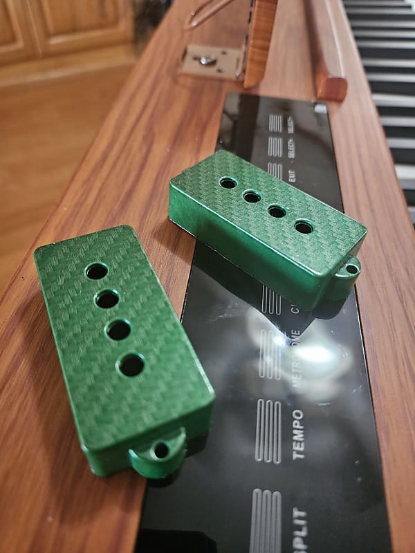 DnB Customs P Bass Pickup Covers, Green, Silver Carbon Fiber image 1