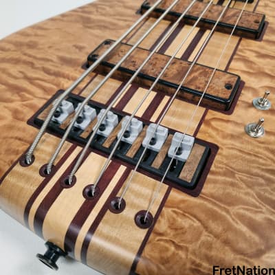 Bob Mick Custom 6-String Quilted Maple Bass 9-Piece Neck Purple Heart Abalone Binding 10.44lbs image 10