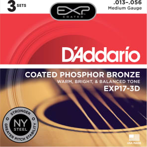 D'Addario EXP17-3D Coated Phosphor Bronze Acoustic Guitar Strings - Medium (13-56) 3-Pack