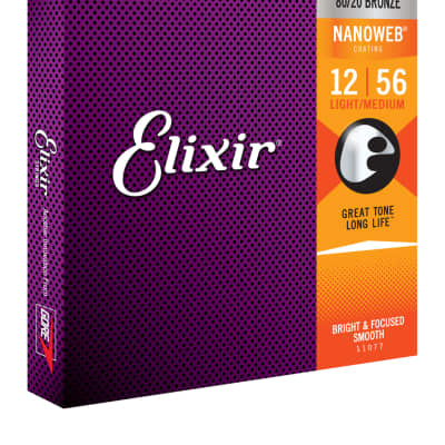 Elixir Strings 80/20 Bronze Acoustic Guitar Strings NANOWEB Coating, Light/Medium (.012-.056) for sale