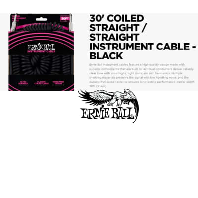 Ernie Ball Black Instrument Cable Ultraflex 30' Coiled Straight/Straight 6044 image 2