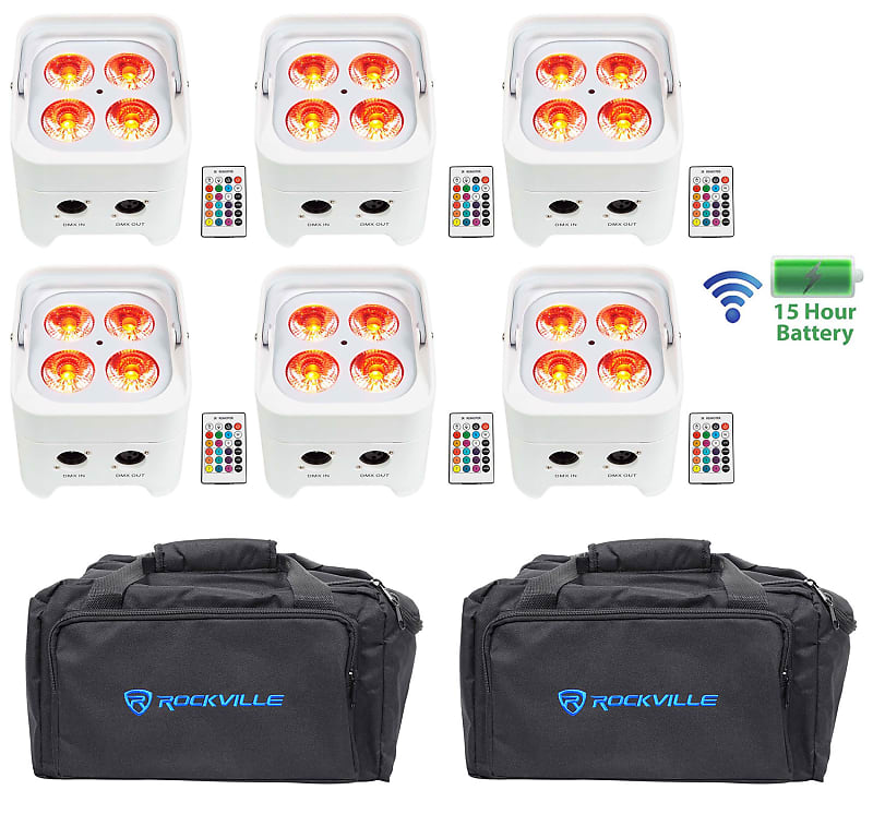 6) Rockville BEST PAR 50 White Rechargeable Par Lights Reverb