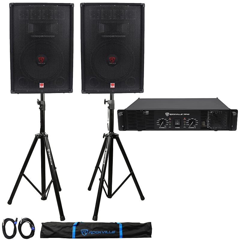 (2) Rockville RSG15.4 15" PA Speakers + Rockville RPA9 Amp + Stands+Cables+Case image 1