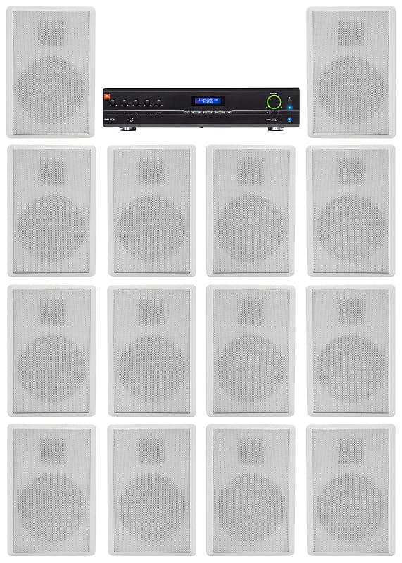 JBL Commercial Amplifier+(14) Slim White Wall Speakers for Restaurant/Bar/Cafe  			