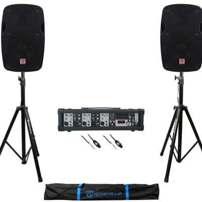 (2) Rockville SPG88 8" 400w DJ PA Speakers+5-Channel Powered Mixer+Stands+Cables image 1