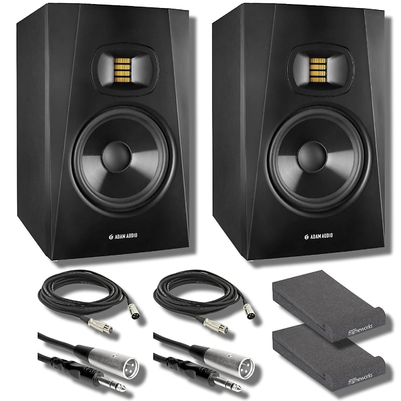Adam Audio T5V Studio Monitor (Pair) with Frameworks Studio Monitor  Isolation Pads, Professional Grade XLR Cables, Stereo Interconnect Cables  and 