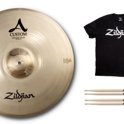 Zildjian 19" A Custom Medium Crash Brilliant Finish Cymbal Pack +Shirt & VF Sticks Authorized Dealer image 1