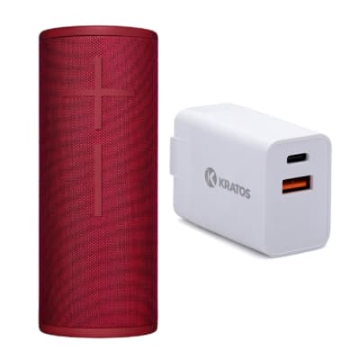 Ultimate Ears BOOM 3 Wireless Bluetooth Speaker (Sunset Red) with Kratos Power 30W PD Two-Port Power Adapter Bundle image 1