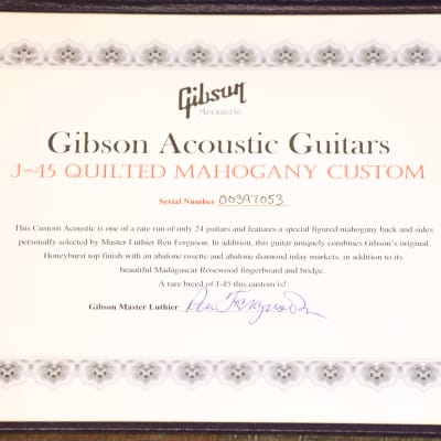 2007 Gibson Custom Shop Ren Ferguson Masterbuild J-45 Quilted Mahogany Custom Acoustic/ Electric Guitar Honey Burst w/ Double Pickguard + COA OHSC image 4