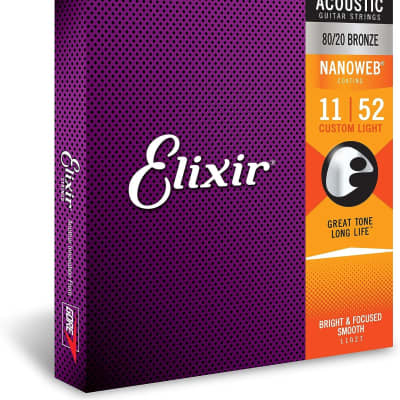 Elixir Strings - Acoustic 80/20 Bronze with NANOWEB Coating - Elixir Acoustic Guitar Strings - Custom Light (.011-.052) 11027 image 1