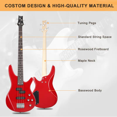 Glarry  Red GIB 4 String Bass Guitar Full Size SS pickups w/20W Amplifier image 6