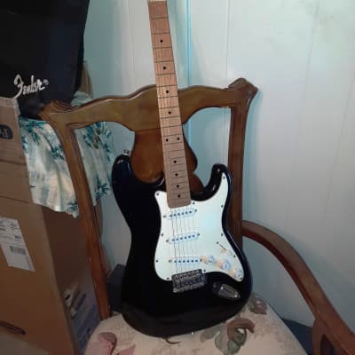 INDY CUSTOM Black with White pickguard strat style guitar, natural blond wooden neck early 2000's image 16