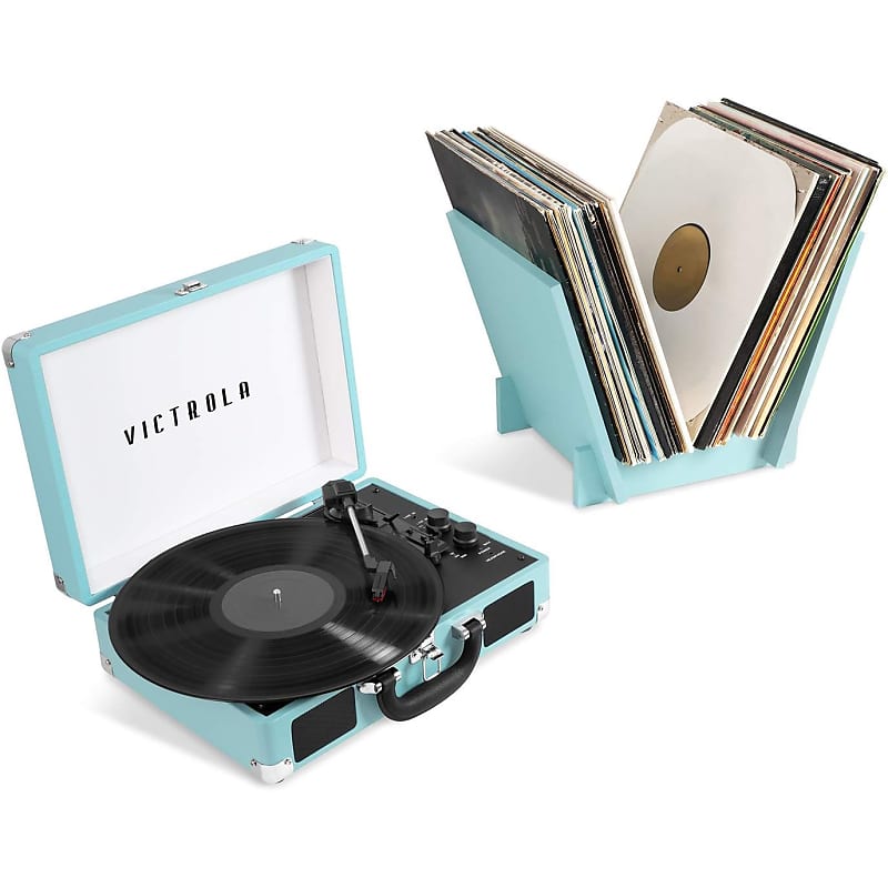 Victrola Journey+ Bluetooth Suitcase Record Player with Matching Record Stand - Turquoise image 1