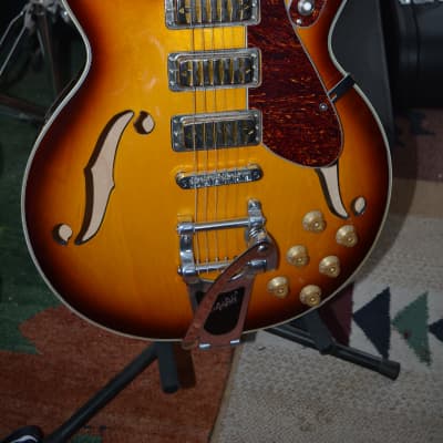 Eastwood Airline H78 DXL Semi-Hollowbody in Honeyburst w/Bigsby, New Gold Dunlop Straploks and New Gator HSC for sale