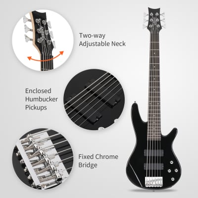 Glarry Full Size GIB 6 String H-H Pickup Electric Bass Guitar Bag Strap Pick Connector Wrench Tool 2020s - Black image 3
