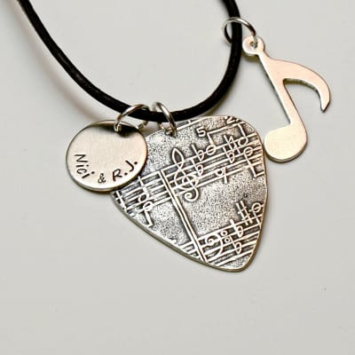 Sterling Silver Guitar Pick Necklace with Music Note and Personalized Disc Charm image 1